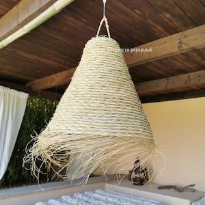 XL Halfa Gras round woven lamp rattan lampshade fringes interior lighting ceiling lamp suspension Mother&#39;s Day gift Outdoor Lounge