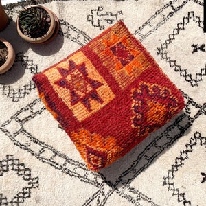 Vintage Berber Pouf Moroccan Kilim Boujad Floor Cushion Wool Ottoman Outdoor Red Orange Purple Eid Boho Gift her him Azilal Beni Ourain