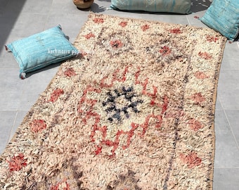 Vintage Boucherouite runner Berber fringe carpet Morocco rug Boho Tribal Azilal rag rug cream powder beige peach Mother's Day gift