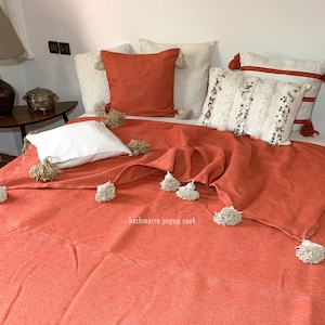 XL Moroccan Berber blanket Pompom handwoven cotton stripes bedspread Plaid Hygge gift her him orange cream Apricot throw Mother&#39;s Day
