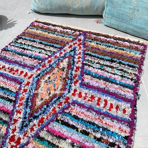 Heavy New Boucherouite Berber Fringe Rug Morocco Rug Boho Tribal Azilal Patch Rug Purple Purple Multicolor Christmas Gift