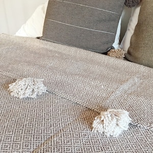 Moroccan Berber blanket pompoms taupe ivory soft pompom cotton diamond pattern bedspread plaid hygge Mother's Day