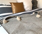 Moroccan Berber wool blanket pompoms handwoven cotton diamond bed overlay day blanket Plaid Hygge unique gift for her him Easter black ecru