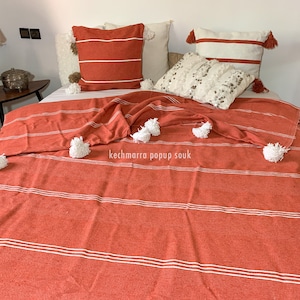 XL Moroccan Berber blanket Pompom handwoven cotton stripes bedspread Plaid Hygge gift her him orange white Apricot throw Mother&#39;s Day