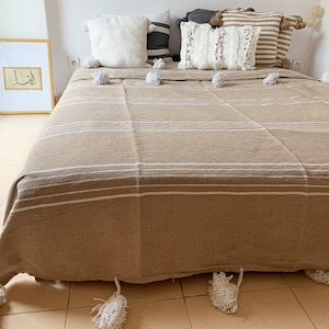 Moroccan Berber wool blanket pompom cotton diamond bedspread bedspread plaid beige white stripes throw Mother&#39;s Day outdoor lounge gift her