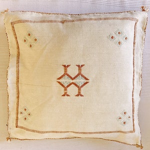 May include: A white throw pillow with a brown embroidered geometric pattern. The pillow has a brown border and is made of a soft, textured fabric.