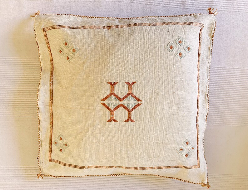 May include: A white throw pillow with a brown embroidered geometric pattern. The pillow has a brown border and is made of a soft, textured fabric.
