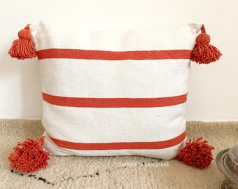 Moroccan Berber Pompom Cushion Cover Handwoven Cotton Bobble Pillow Case Ibiza Hygge Gift Outdoor Orange White Brick Red Mother's Day