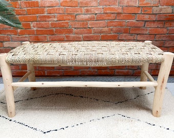 Moroccan woven bench rattan wicker stool Mother's Day gift kids outdoor raw wood palm leaf wicker bench Boho natural living