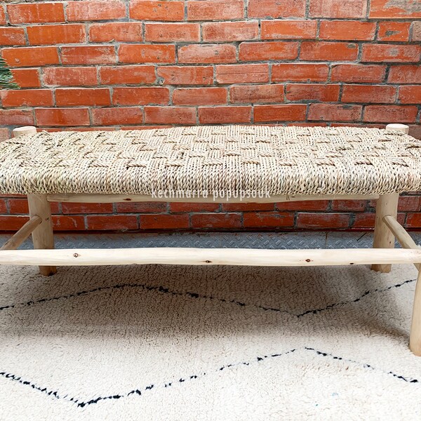 Banc tressé marocain tabouret en osier en rotin cadeau de fête des mères enfants en plein air bois brut feuille de palmier banc en osier Boho vie naturelle