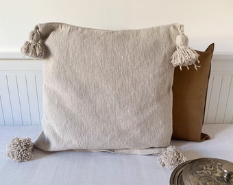 Moroccan Berber Pompom Cushion Cover Handwoven Cotton Pompom Pillow Case Ibiza Hygge Gift Mother's Day Outdoor Cream Ivory Ecru