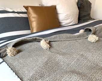 Moroccan Berber wool blanket pompoms handwoven cotton diamond bedspread plaid hygge unique gift for her Mother's Day black ecru