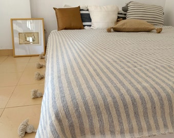 XL Moroccan Berber blanket Pompom handwoven cotton stripes bedspread Plaid Hygge gift for her him beige light grey stone throw Mother's Day