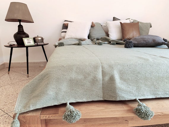 Moroccan Berber Wolldecke Pompom salbei grün smaragd Baumwolle Rauten Bettüberwurf Tagesdecke Plaid Hygge throw Muttertag Outdoor Lounge