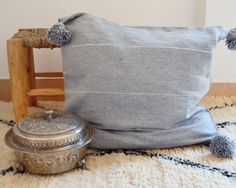 Moroccan Berber Pompom Cushion Cover Light Grey Silver Metallic Stripes Cotton Pompom Mother's Day Decor Hygge Outdoor Lounge