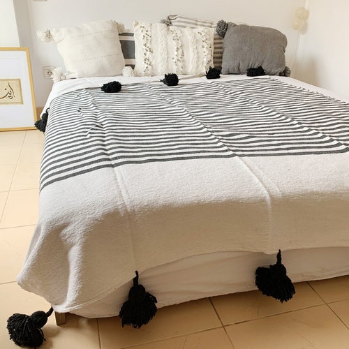 Wool Blanket Throw Pom Pom Moroccan Pompom Bedspread - Etsy
