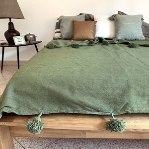 Moroccan Berber wool blanket pompom olive green emerald cotton diamond bedspread bedspread plaid hygge throw Mother's Day outdoor lounge