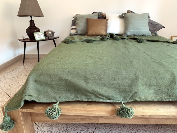 Moroccan Berber Wolldecke Pompom oliv grün smaragd Baumwolle Rauten Bettüberwurf Tagesdecke Plaid Hygge throw Muttertag Outdoor Lounge