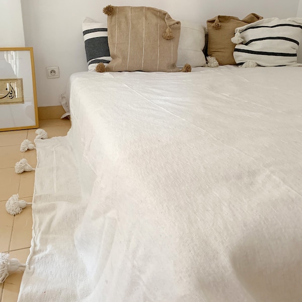 Couverture en laine berbère marocaine pompon tissé à la main en coton diamant lit couvre-lit plaid hygge blanc jeter salon extérieur fête des mères