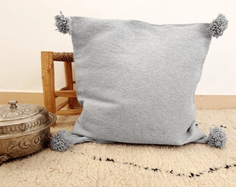 Moroccan Berber Pompom Cushion Cover Handwoven Cotton Pompom Pillow Case Ibiza Hygge Gift Mother's Day Outdoor Light Grey Stone