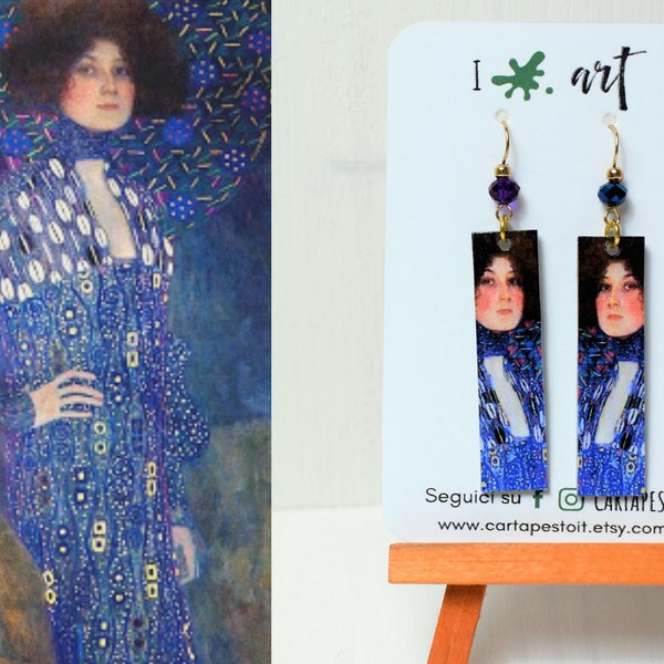 Boucles d'oreille en papier avec Portrait de Emilie Floge de Gustav Klimt  - Violet - Blue - Vintage-art-peinture-Vienne - Sécession