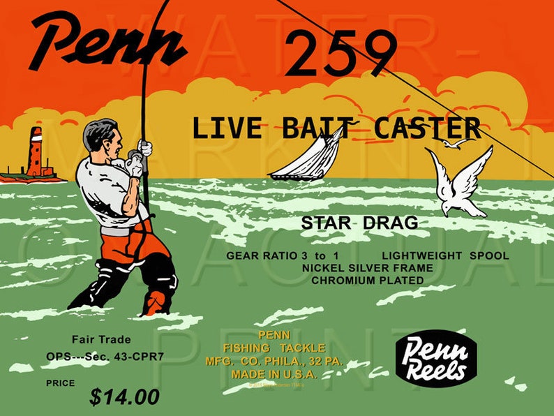 Vintage Penn Fishing Reel Box Label 259 Live Bait Caster Canvas Print