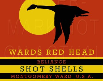 Reproduced Vintage Montgomery Wards Red Head shot shell box label on graphic canvas.