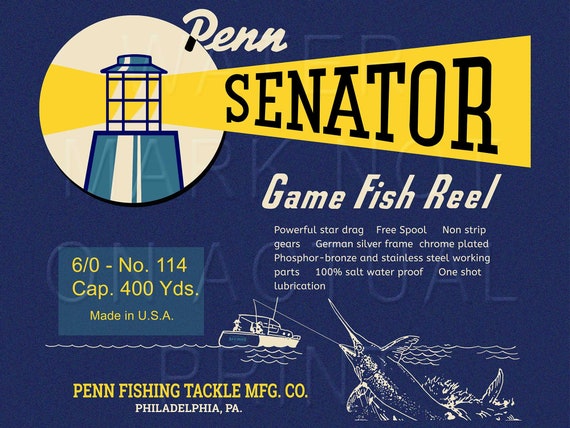 Vintage Penn Fishing Reel Box Label Senator 114 6/0 Big Game Canvas Print 
