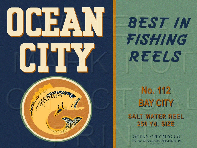 Vintage Ocean City Fishing Reel Box Label no. 112 Bay City Canvas