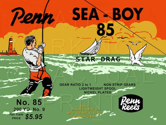 Vintage Penn Fishing Reel sea-boy 85 Box Label Printed on Graphic