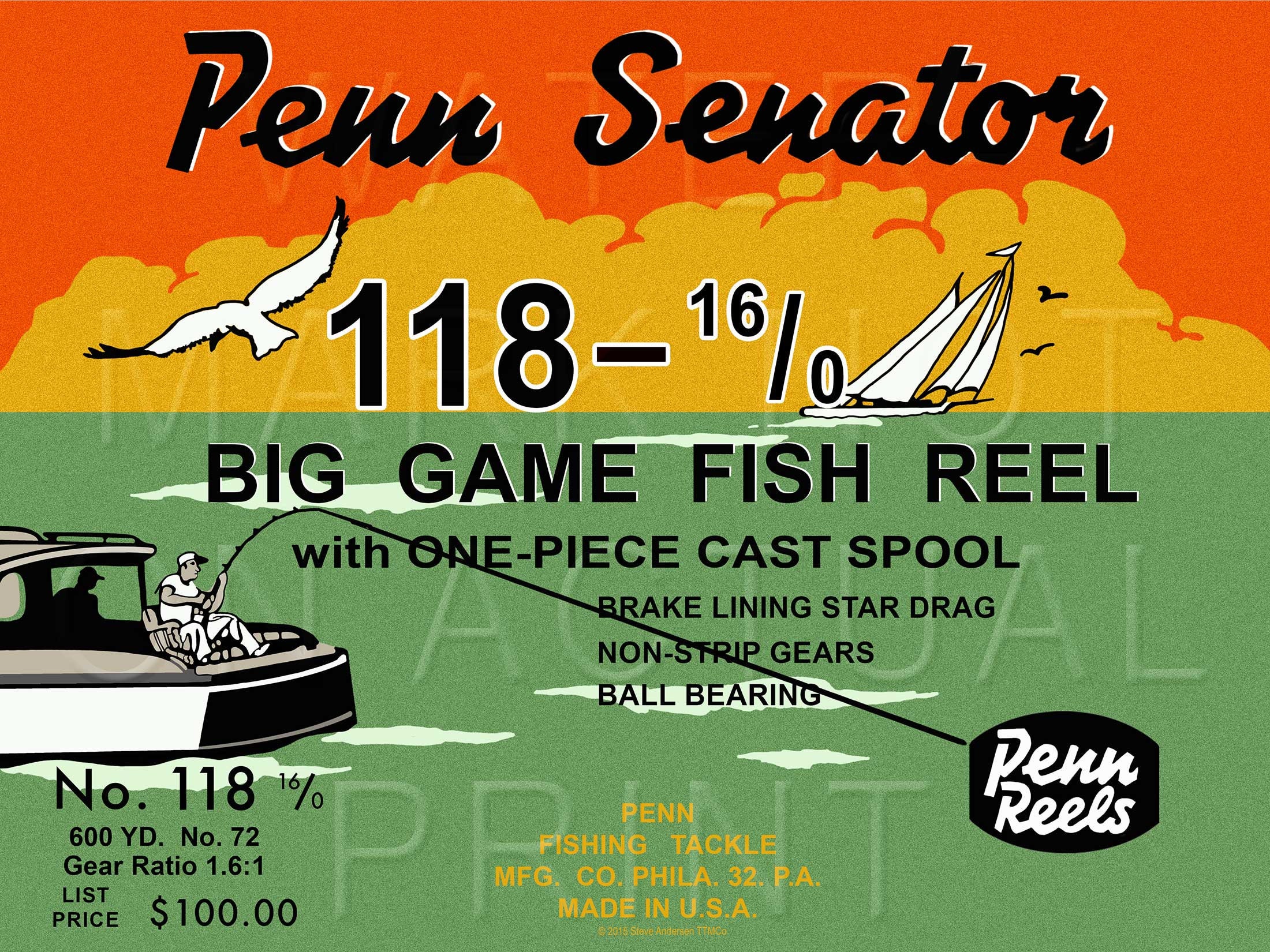 Vintage Penn Big Game Fishing Reel Box Label senator 118 16/0