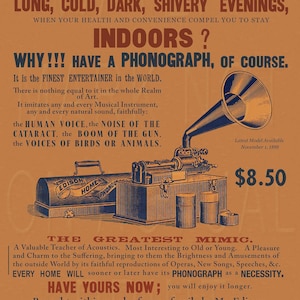 May include: Vintage advertisement for an Edison phonograph. The poster features a detailed illustration of the phonograph, with text in blue and red on a tan background. The text includes the price of $8.50 and the phrase "Latest Model Available November 1, 1899."