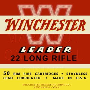Reproduced vintage Winchester &quot;Leader&quot; .22 Long Rifle Ammo Box Label Canvas Print
