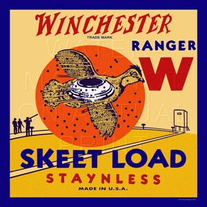 May include: Vintage-style illustration of a pheasant flying over a skeet range. The text reads "Winchester Trade Mark Ranger W Skeet Load Stainless Made in U.S.A."