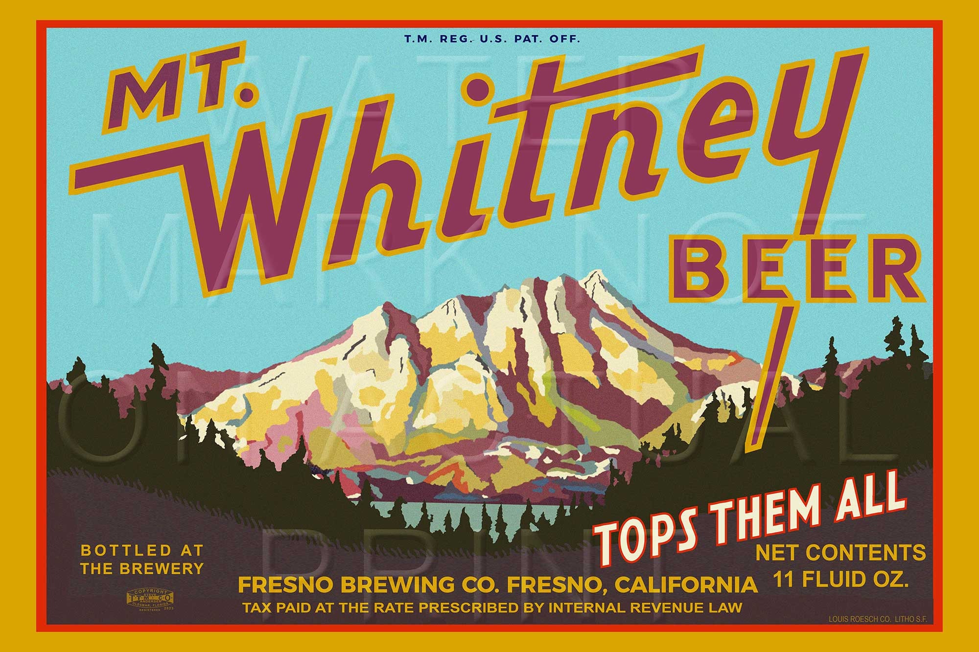 Reproduced Mt Whitney Beer From the Fresno Brewing Co. Fresno, California Beer Label on Canvas