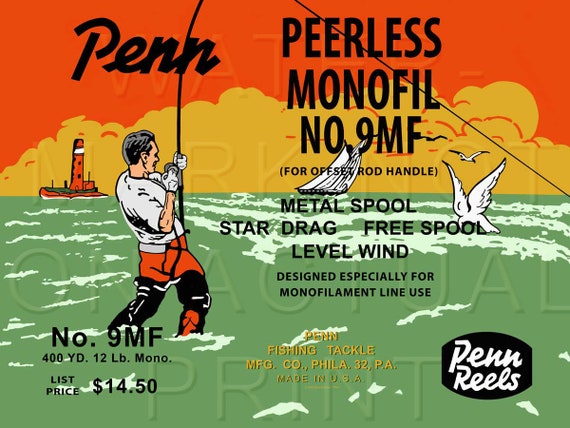 Buy Vintage Penn Fishing Reel Box Label peerless Monofil 9mf