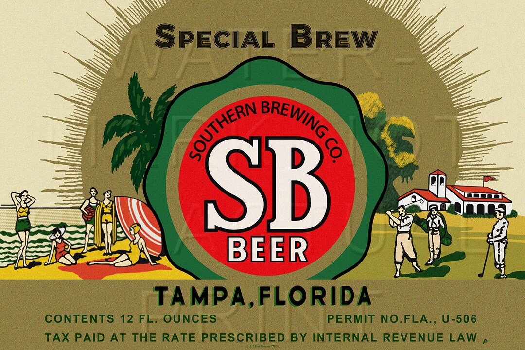 Reproduced SB Beer Southern Brewing Co. Tampa FL Beer Label on Canvas