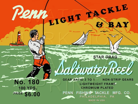 Vintage Penn Fishing Reel light Tackle & Bay Box Label Printed on