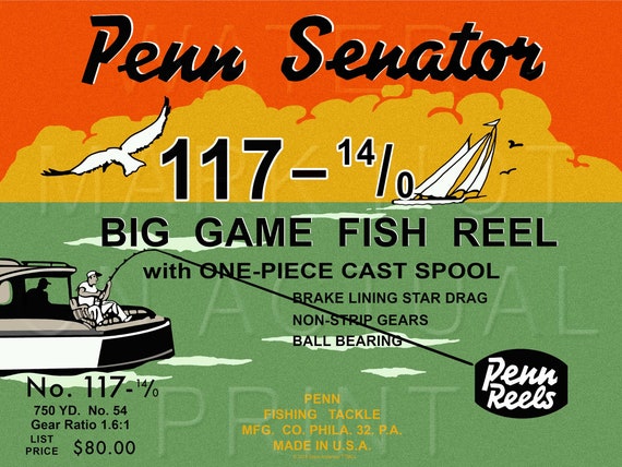 Vintage Penn Big Game Fishing Reel Box Label senator 117 14/0
