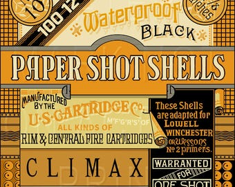 Reproduced vintage U.S. CArtridge Company "Climax" shotgun shells box label on graphic canvas.