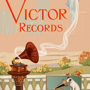 May include: A vintage advertisement for Victor Records from November 1907. The ad features a woman playing a harp, a gramophone on a pedestal, and a smaller gramophone with a dog listening to it. The text reads "November 1907 New Victor Records" and "His Master's Voice".