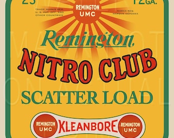 Reproduced vintage Remington UMC Kleanbore Scatter Load Cartridges label on Graphic Canvas.