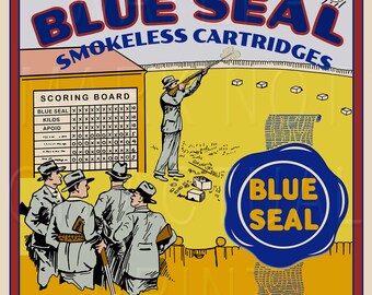 Reproduced vintage Blue Seal Shotgun Shells label on Graphic Canvas.