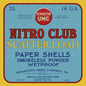 May include: Vintage Nitro Club Scatter Load paper shells box with a blue background and red and yellow text. The box features the Remington UMC logo and text indicating it is smokeless powder and waterproof.