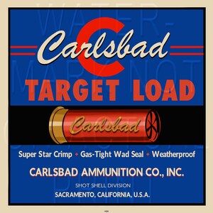 Reproduced vintage Carlesbad Target Load shotgun shell box label on graphic canvas.