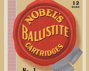 Reproduced vintage Nobel's Ballistite Shotgun Shells label on Graphic Canvas.