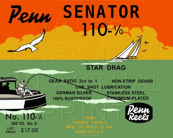 Vintage Penn Fishing Reel Box Label senator 110 Canvas Print 