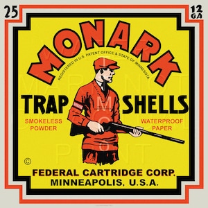 Reproduced vintage Federal &quot;Monark&quot; Trap Shells Shotgun Shell Box Label Canvas Print