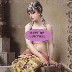 May include: A woman in a colorful robe sits on a stone ledge. She is wearing a jeweled headpiece and has a soft, feminine expression. The image is labeled "Mature Content".