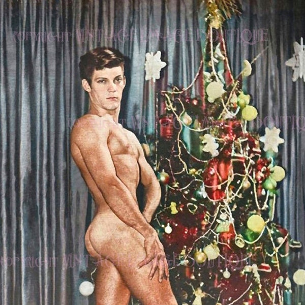 Vintage 1960's Beefcake Gay Pin Up Model Posed By A Christmas Tree Yuletide Season Winter Solstice Holiday 5x7 Greeting Card